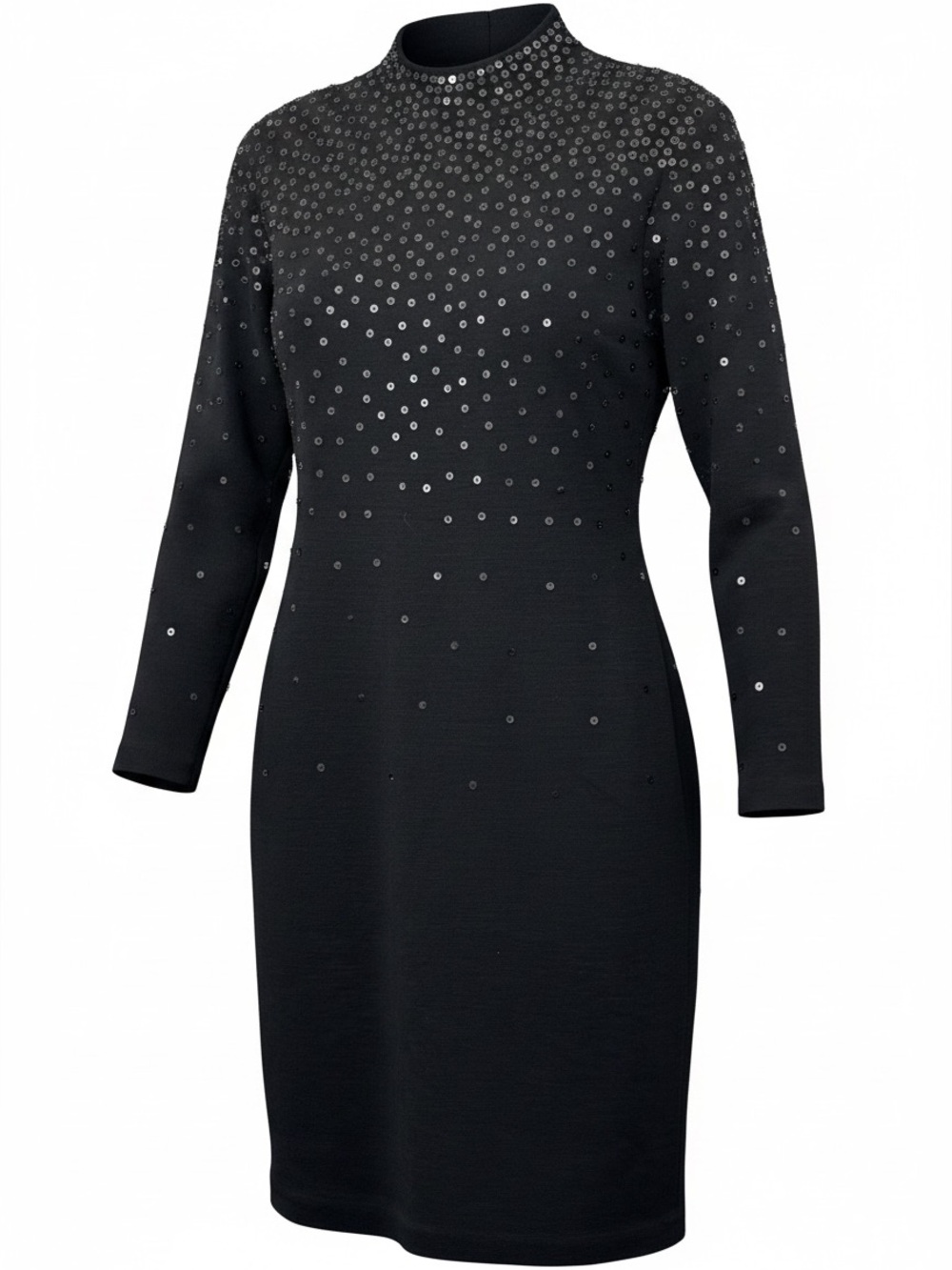 Vintage Dana Buchman Sequins Black Wool Long Sleeve Mock-neck Dress‎ Large